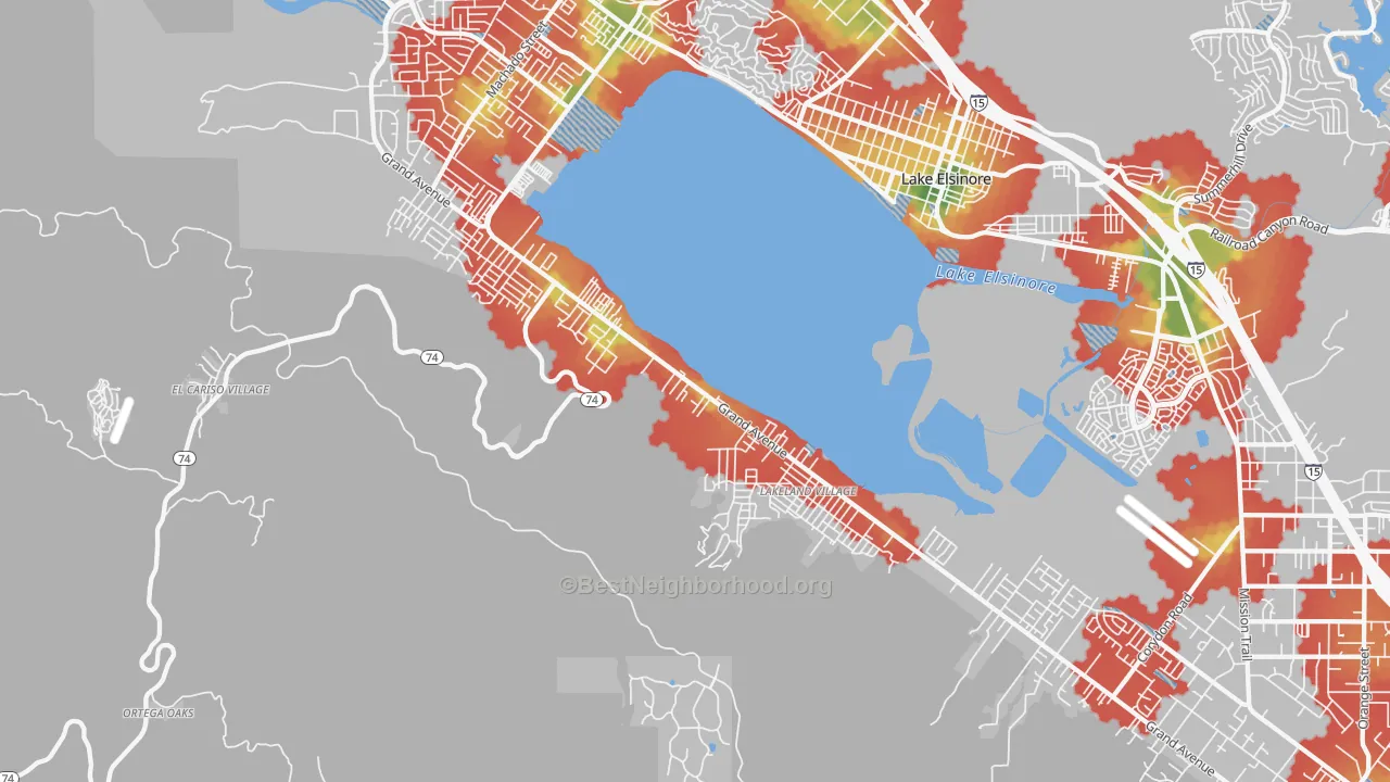 Walk Grade map of Lakeland Village, CA, walkable areas in green and car-dependent areas in red