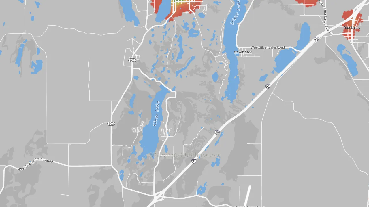 Walk Grade map of Lakeland Village, WA, walkable areas in green and car-dependent areas in red