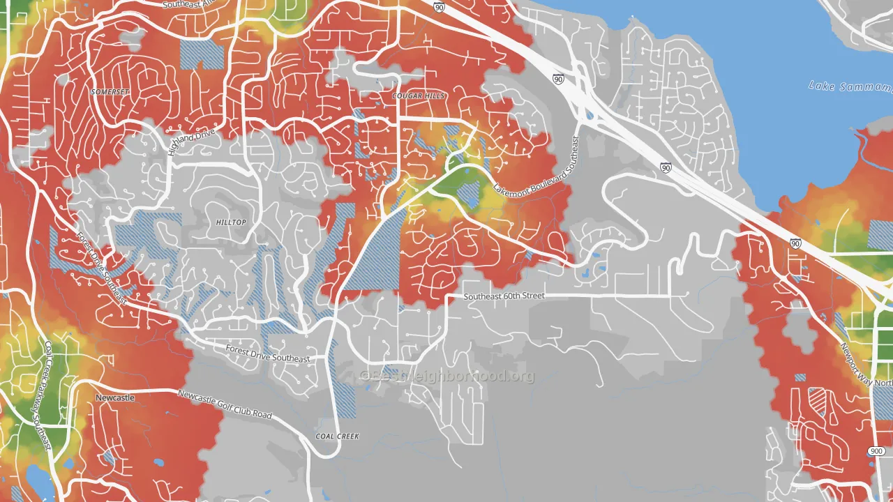 Walk Grade map of Lakemont, Bellevue, WA, walkable areas in green and car-dependent areas in red