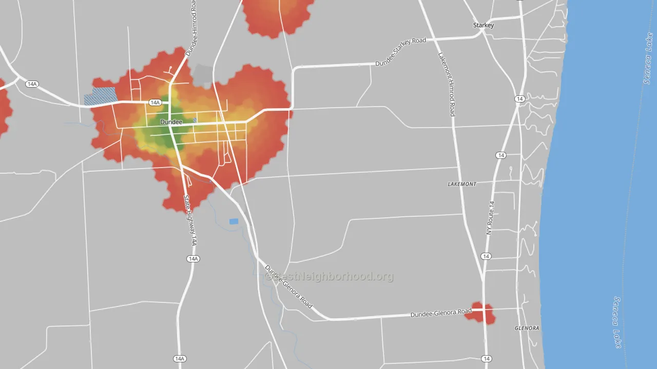Walk Grade map of Lakemont, NY, walkable areas in green and car-dependent areas in red
