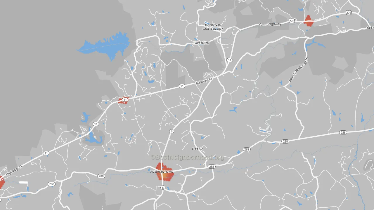 Walk Grade map of Lakemont, SC, walkable areas in green and car-dependent areas in red