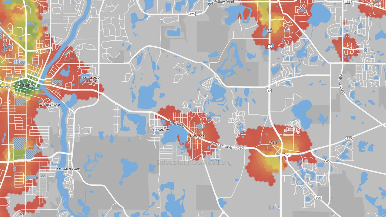 Walk Grade map of Lakemoor, IL, walkable areas in green and car-dependent areas in red