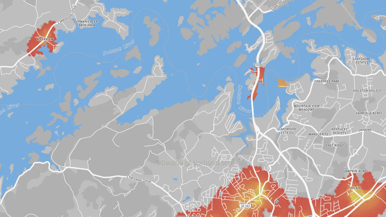 Walk Grade map of Lakemoore, TN, walkable areas in green and car-dependent areas in red