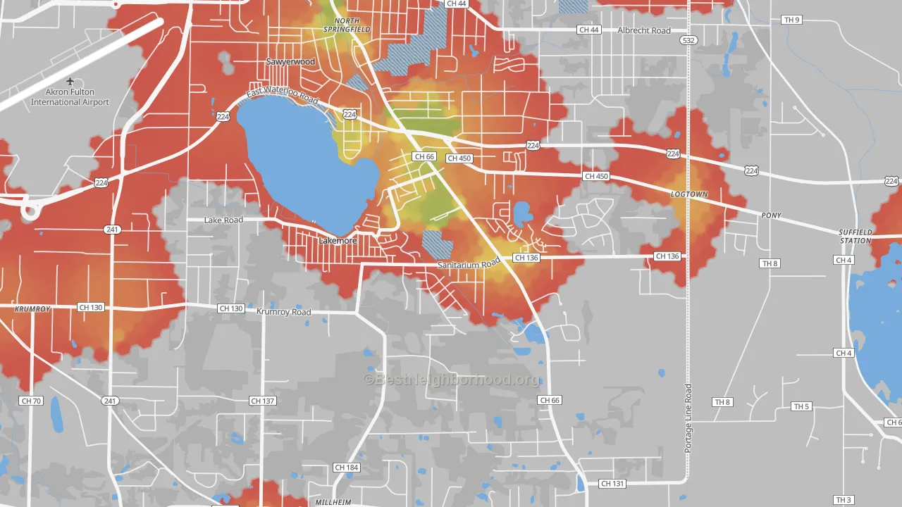 Walk Grade map of Lakemore, OH, walkable areas in green and car-dependent areas in red