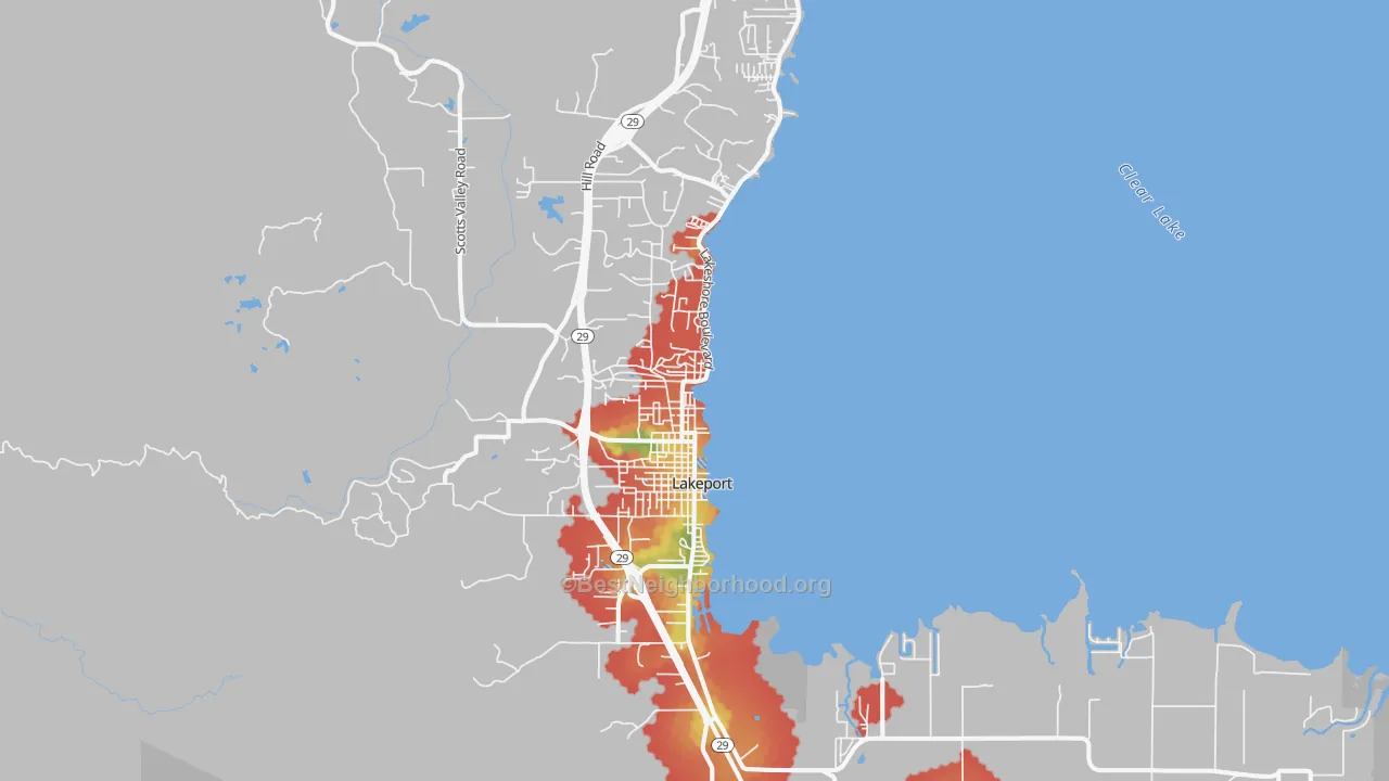 Walk Grade map of Lakeport, CA, walkable areas in green and car-dependent areas in red