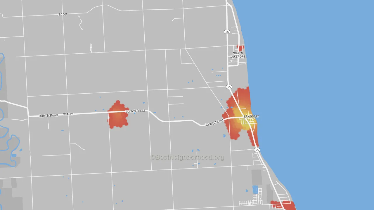 Walk Grade map of Lakeport, MI, walkable areas in green and car-dependent areas in red