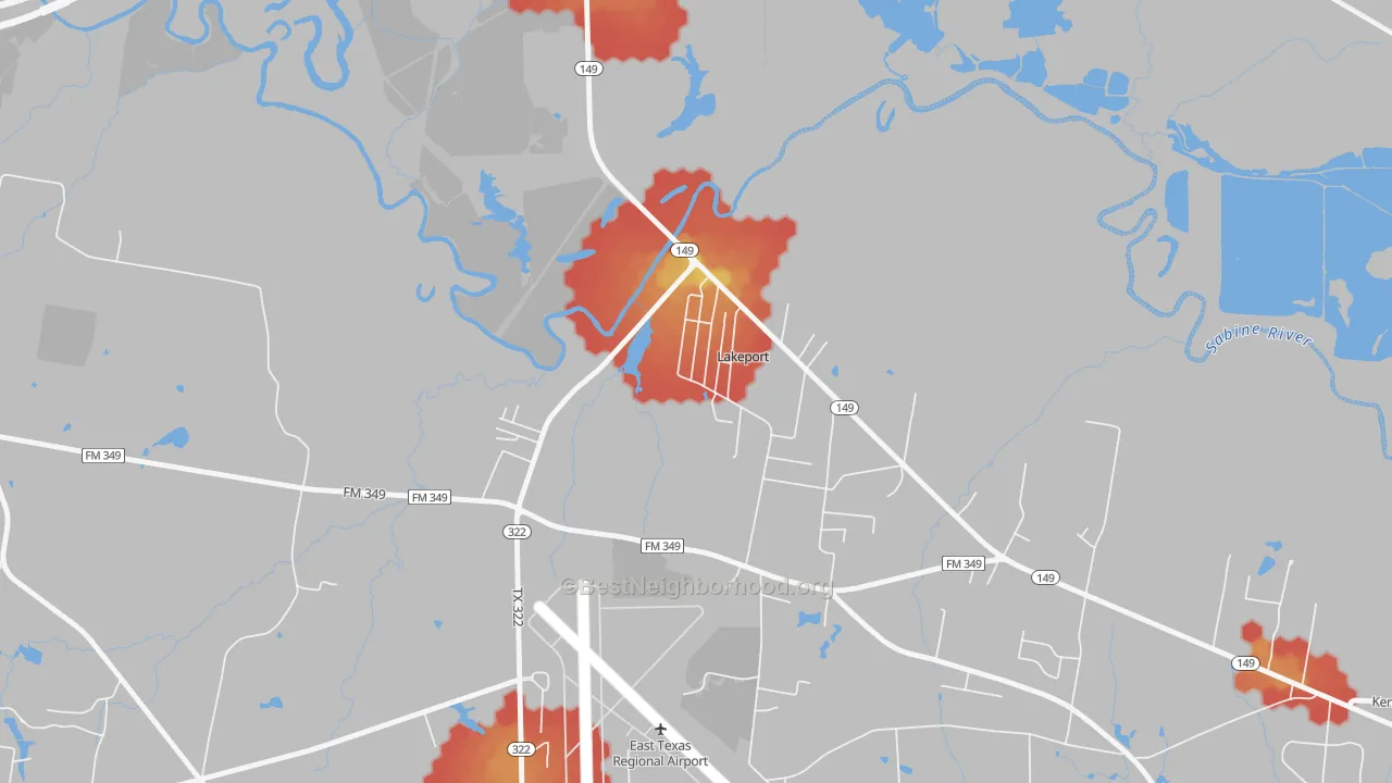 Walk Grade map of Lakeport, TX, walkable areas in green and car-dependent areas in red