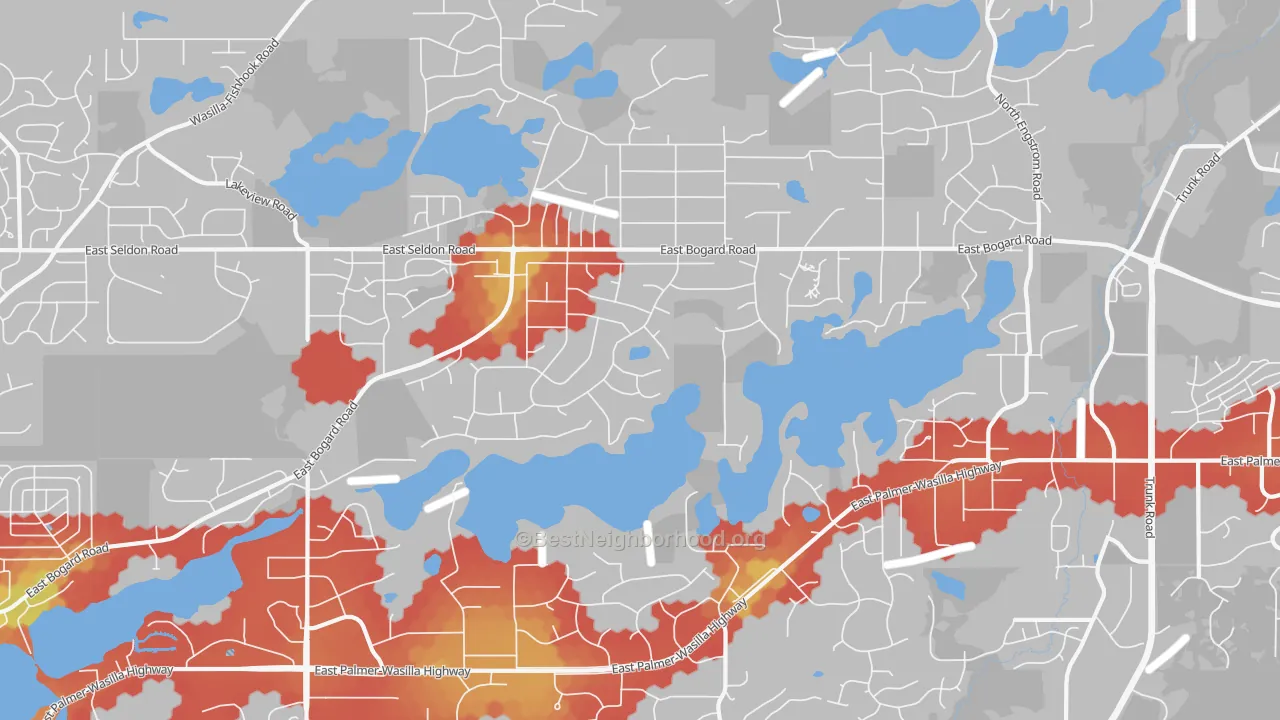 Walk Grade map of Lakes, AK, walkable areas in green and car-dependent areas in red