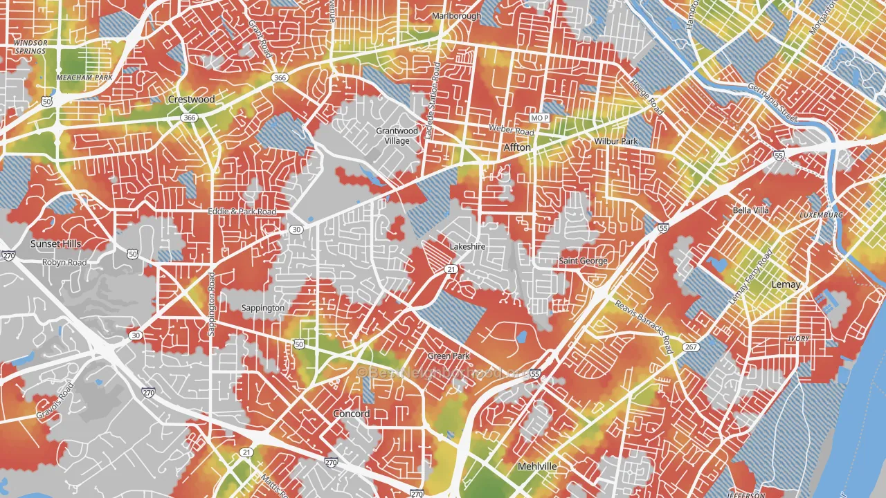 Walk Grade map of Lakeshire, MO, walkable areas in green and car-dependent areas in red