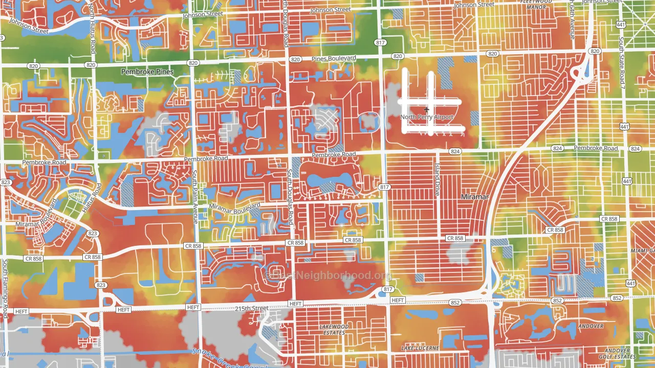 Walk Grade map of Lakeshore at University Park, Miramar, FL, walkable areas in green and car-dependent areas in red