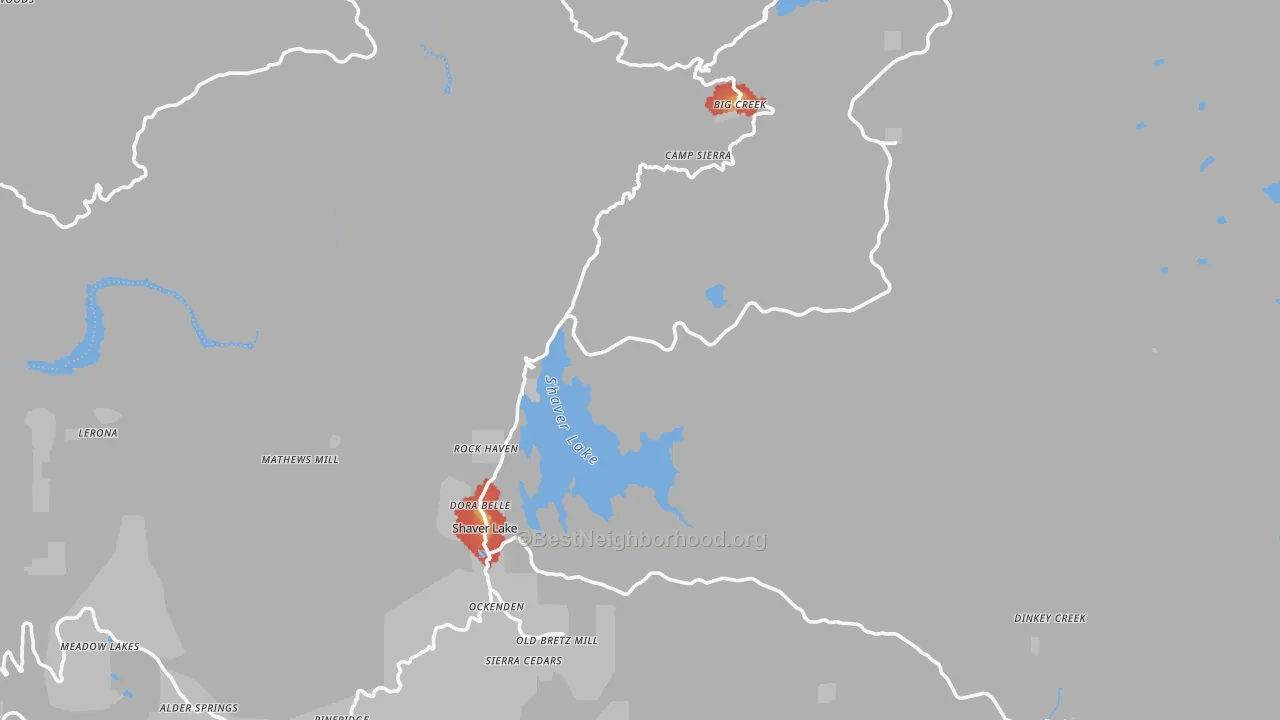 Walk Grade map of Lakeshore, CA, walkable areas in green and car-dependent areas in red