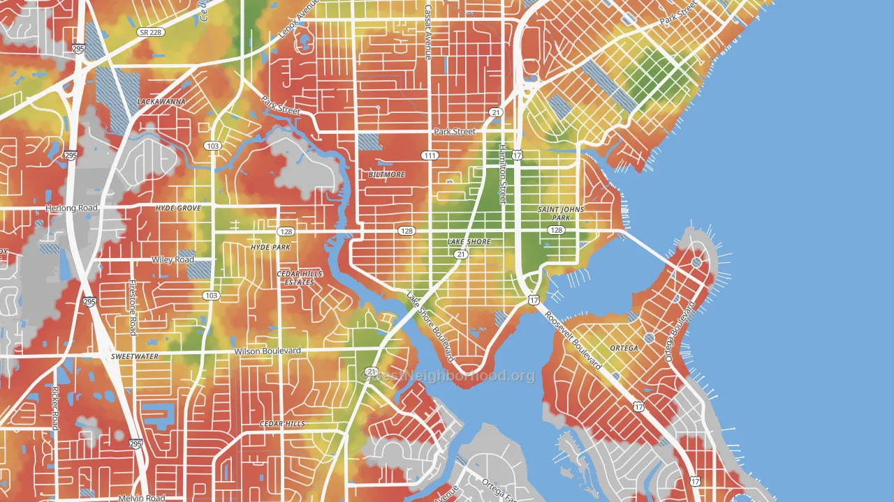 Walk Grade map of Lakeshore, Jacksonville, FL, walkable areas in green and car-dependent areas in red