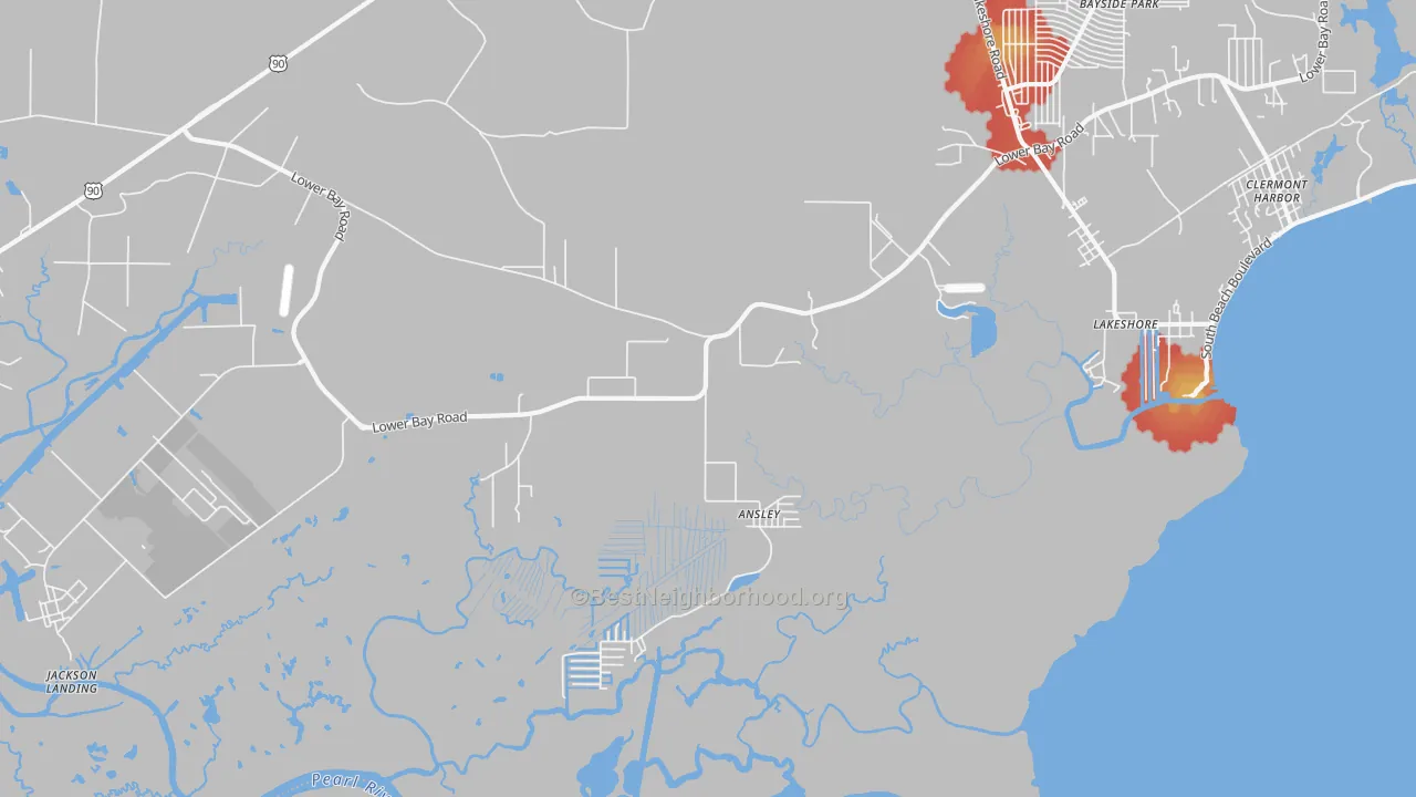 Walk Grade map of Lakeshore, MS, walkable areas in green and car-dependent areas in red