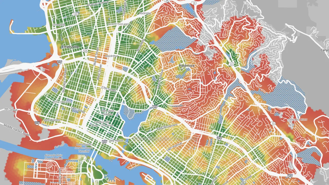 Walk Grade map of Lakeshore-Oakland, Oakland, CA, walkable areas in green and car-dependent areas in red