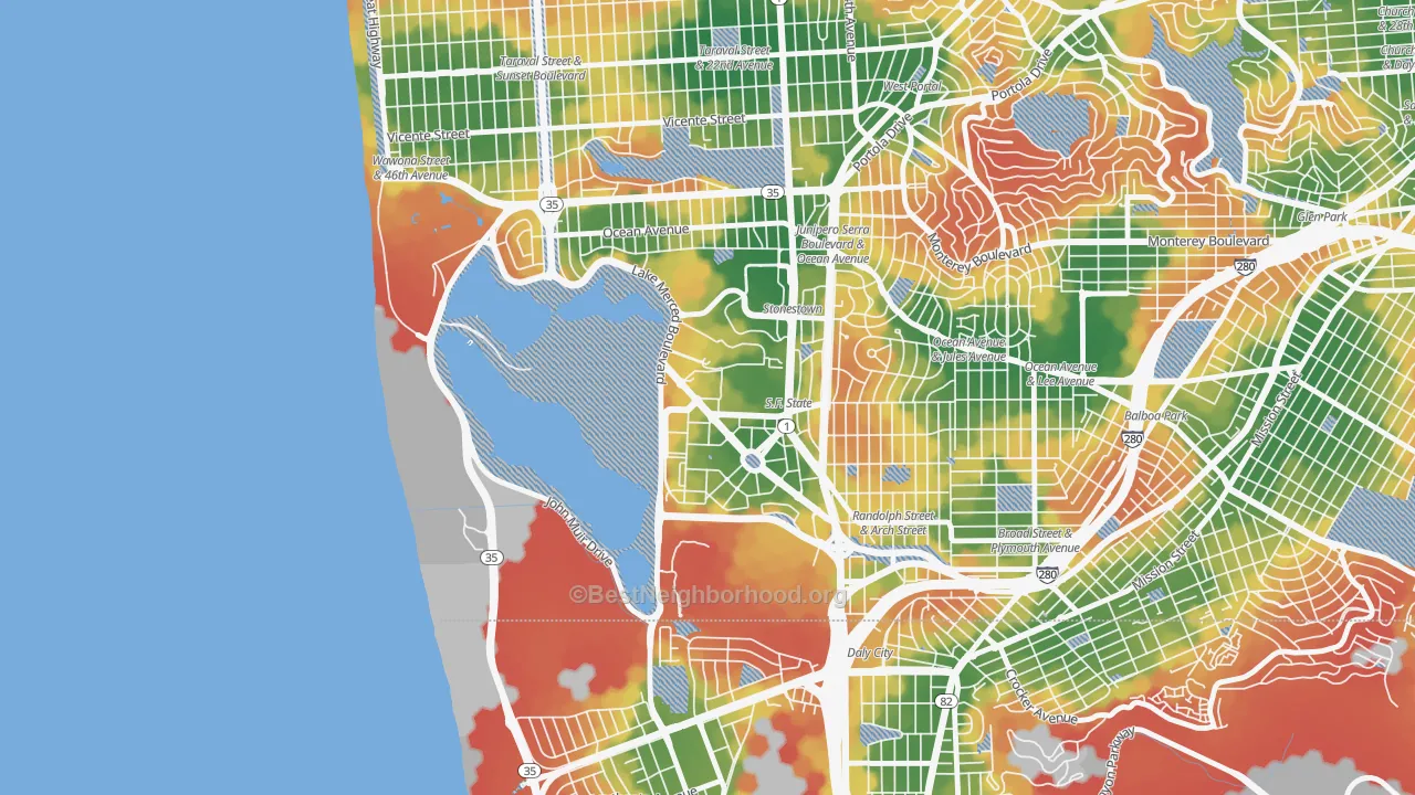 Walk Grade map of Lakeshore, San Francisco, CA, walkable areas in green and car-dependent areas in red
