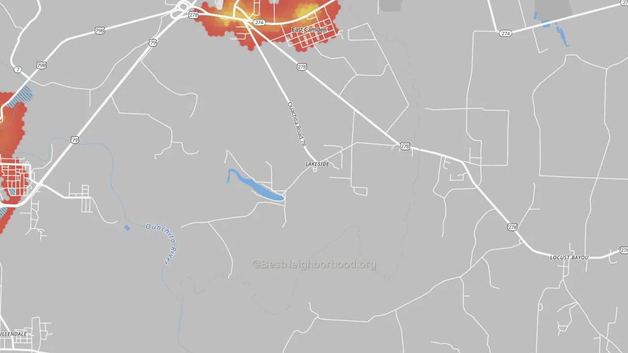 Walk Grade map of Lakeside, AR, walkable areas in green and car-dependent areas in red