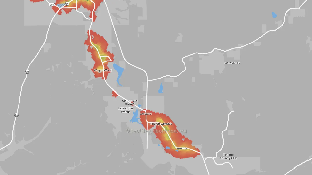 Walk Grade map of Lakeside, AZ, walkable areas in green and car-dependent areas in red