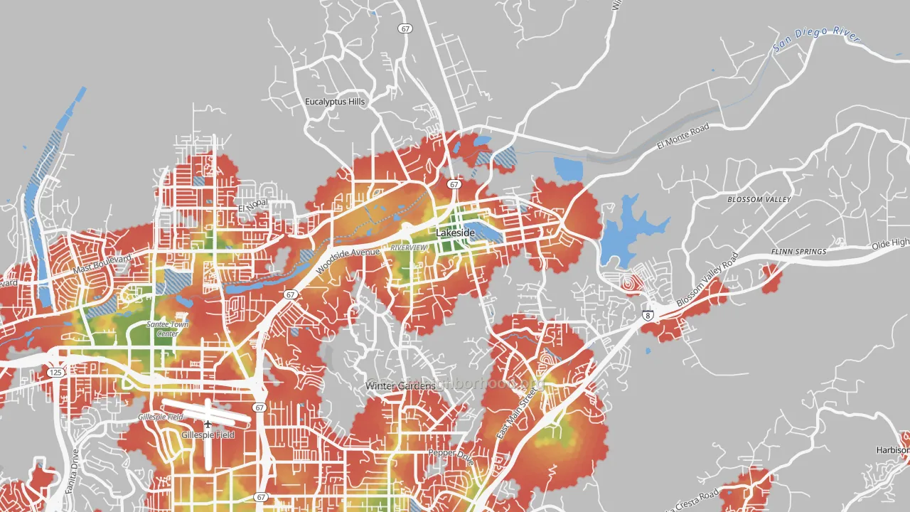 Walk Grade map of Lakeside, CA, walkable areas in green and car-dependent areas in red