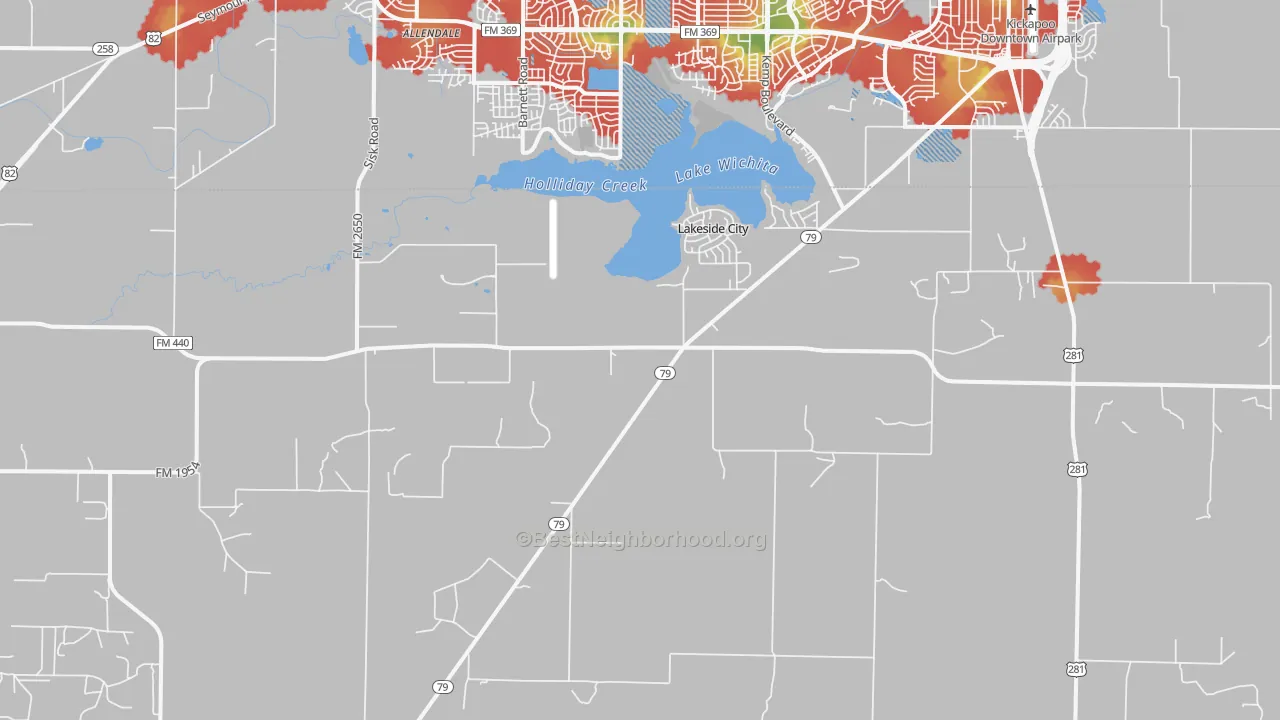 Walk Grade map of Lakeside City, TX, walkable areas in green and car-dependent areas in red