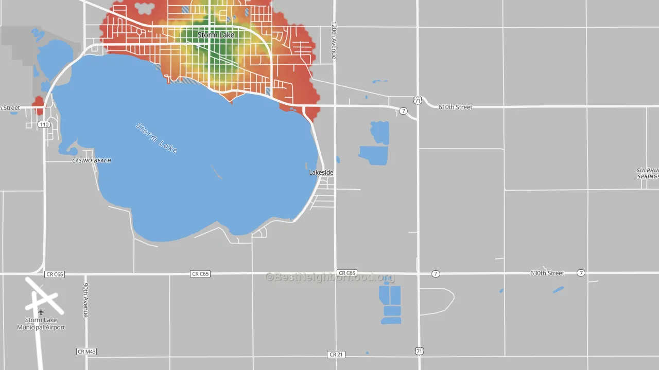 Walk Grade map of Lakeside, IA, walkable areas in green and car-dependent areas in red