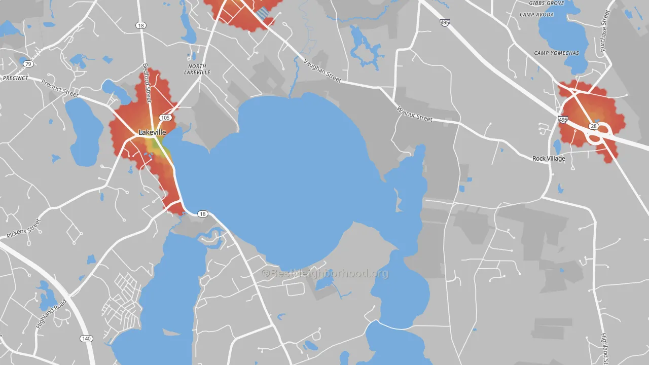 Walk Grade map of Lakeside, MA, walkable areas in green and car-dependent areas in red