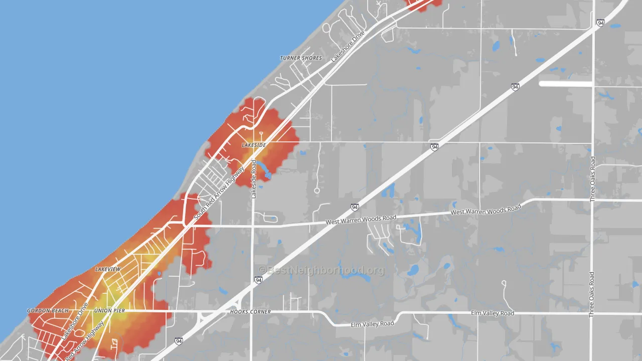 Walk Grade map of Lakeside, MI, walkable areas in green and car-dependent areas in red