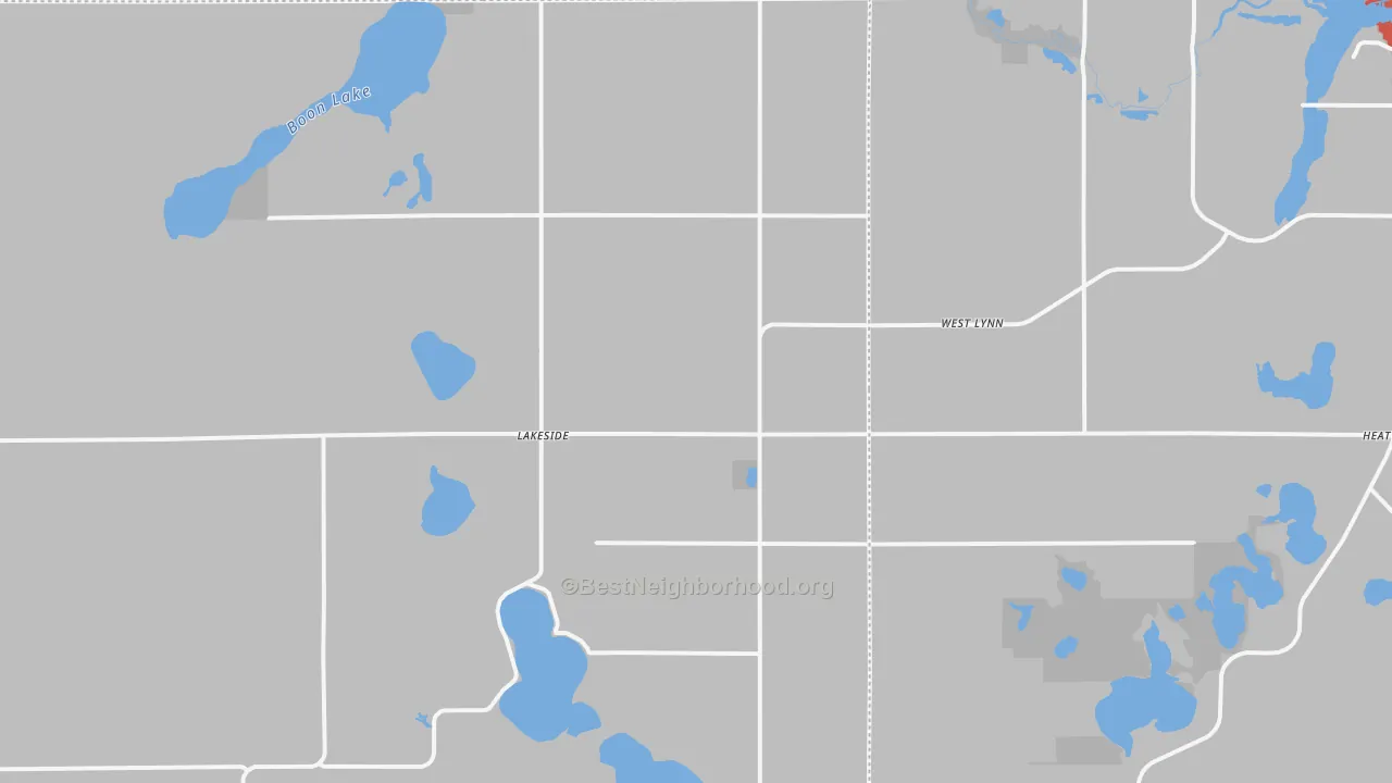Walk Grade map of Lakeside, MN, walkable areas in green and car-dependent areas in red