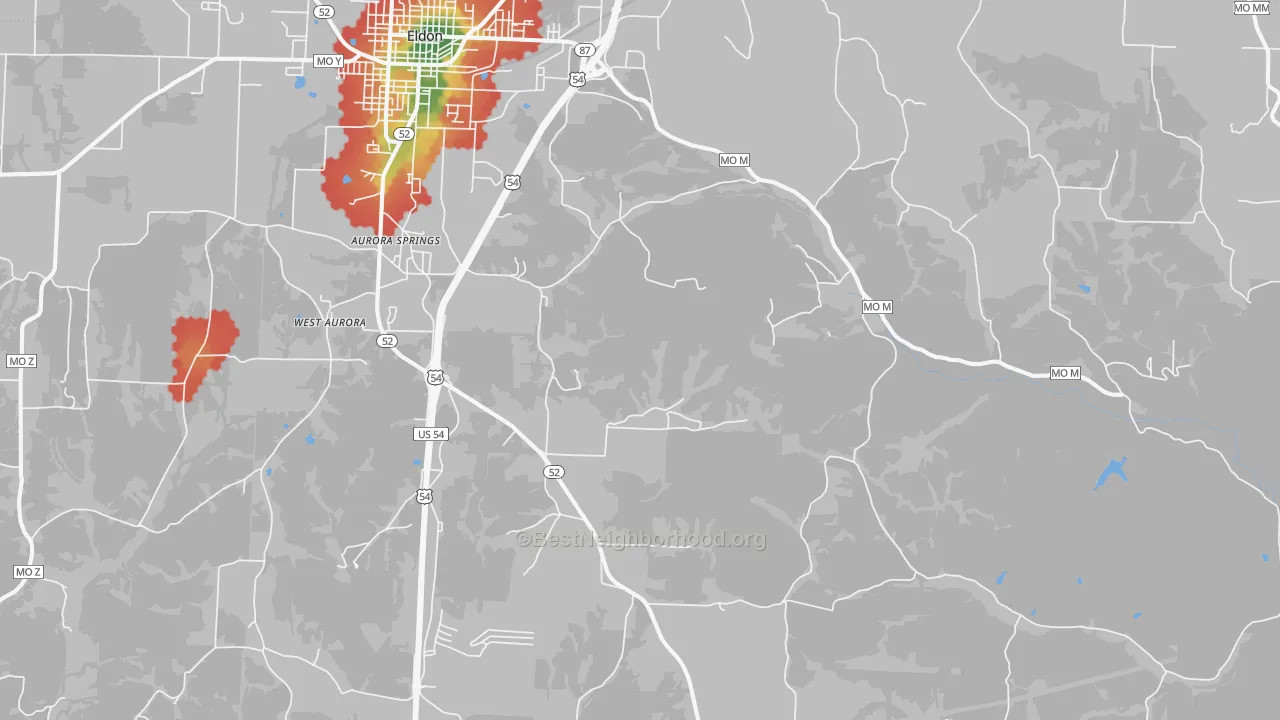 Walk Grade map of Lakeside, MO, walkable areas in green and car-dependent areas in red