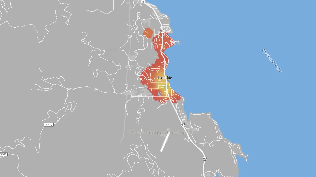 Walk Grade map of Lakeside, MT, walkable areas in green and car-dependent areas in red