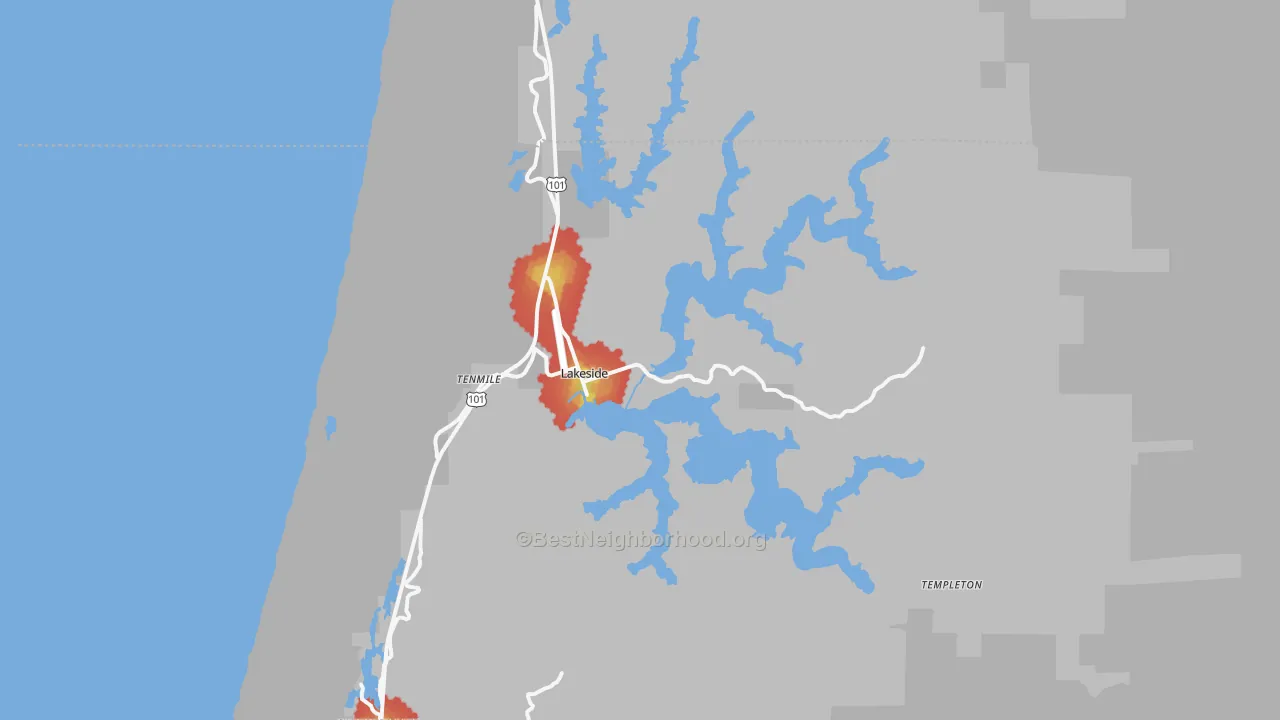 Walk Grade map of Lakeside, OR, walkable areas in green and car-dependent areas in red