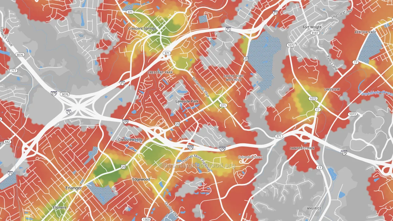 Walk Grade map of Lakeside Park, KY, walkable areas in green and car-dependent areas in red