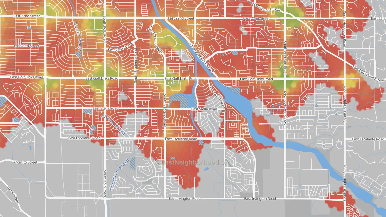 Walk Grade map of Lakeside Park, Tucson, AZ, walkable areas in green and car-dependent areas in red