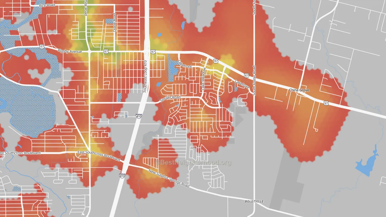 Walk Grade map of Lakeside, San Antonio, TX, walkable areas in green and car-dependent areas in red