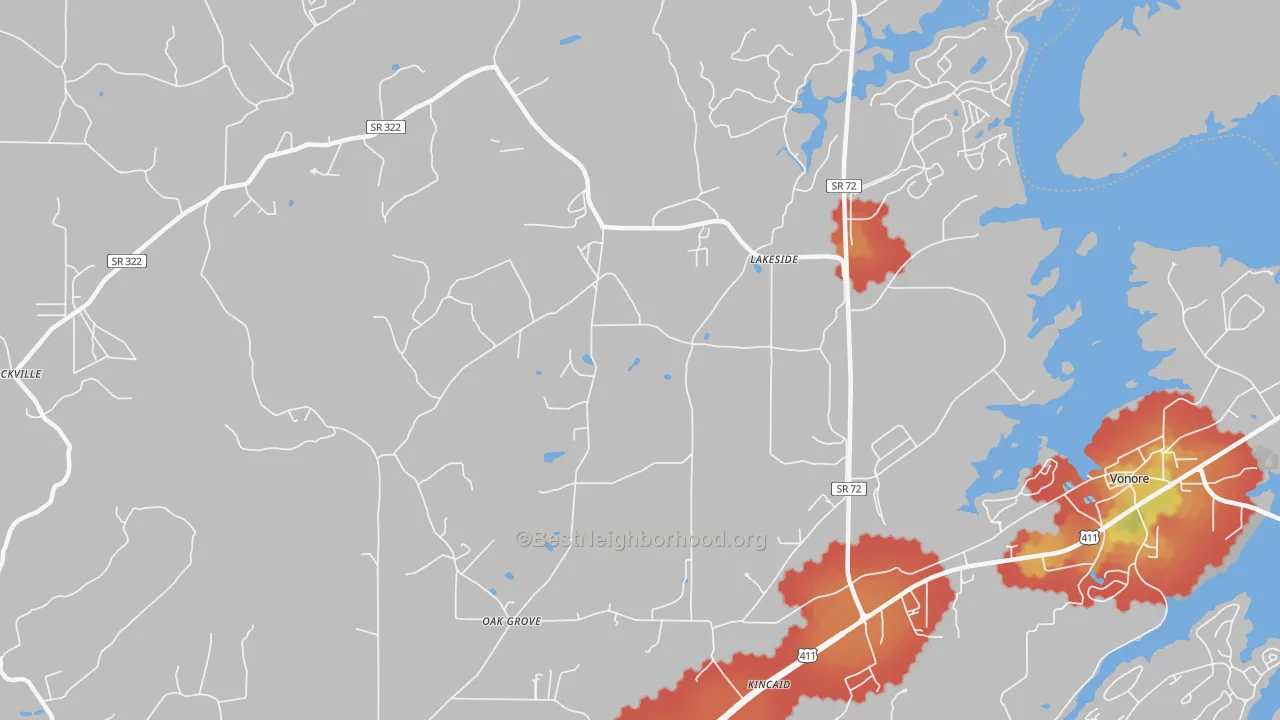 Walk Grade map of Lakeside, TN, walkable areas in green and car-dependent areas in red