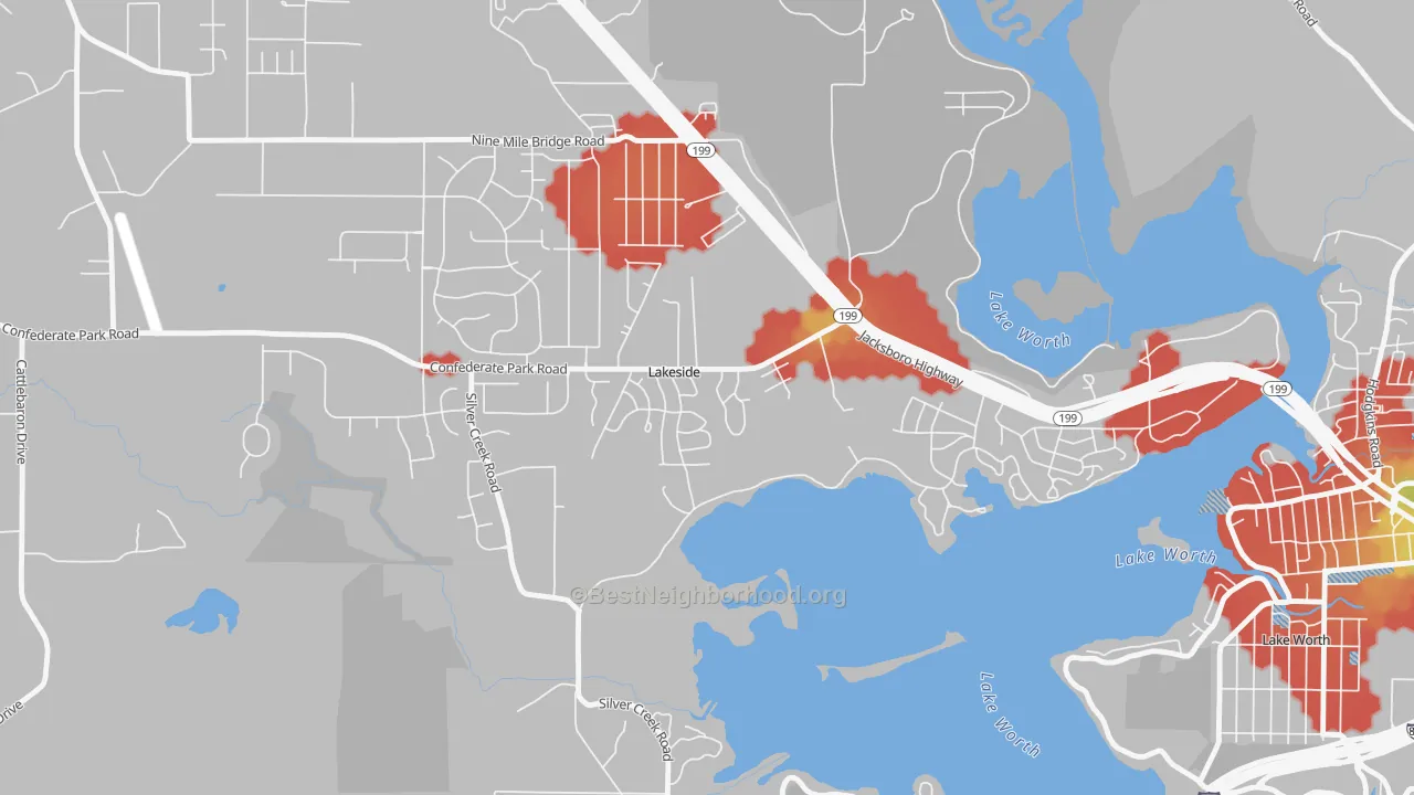 Walk Grade map of Lakeside, TX, walkable areas in green and car-dependent areas in red