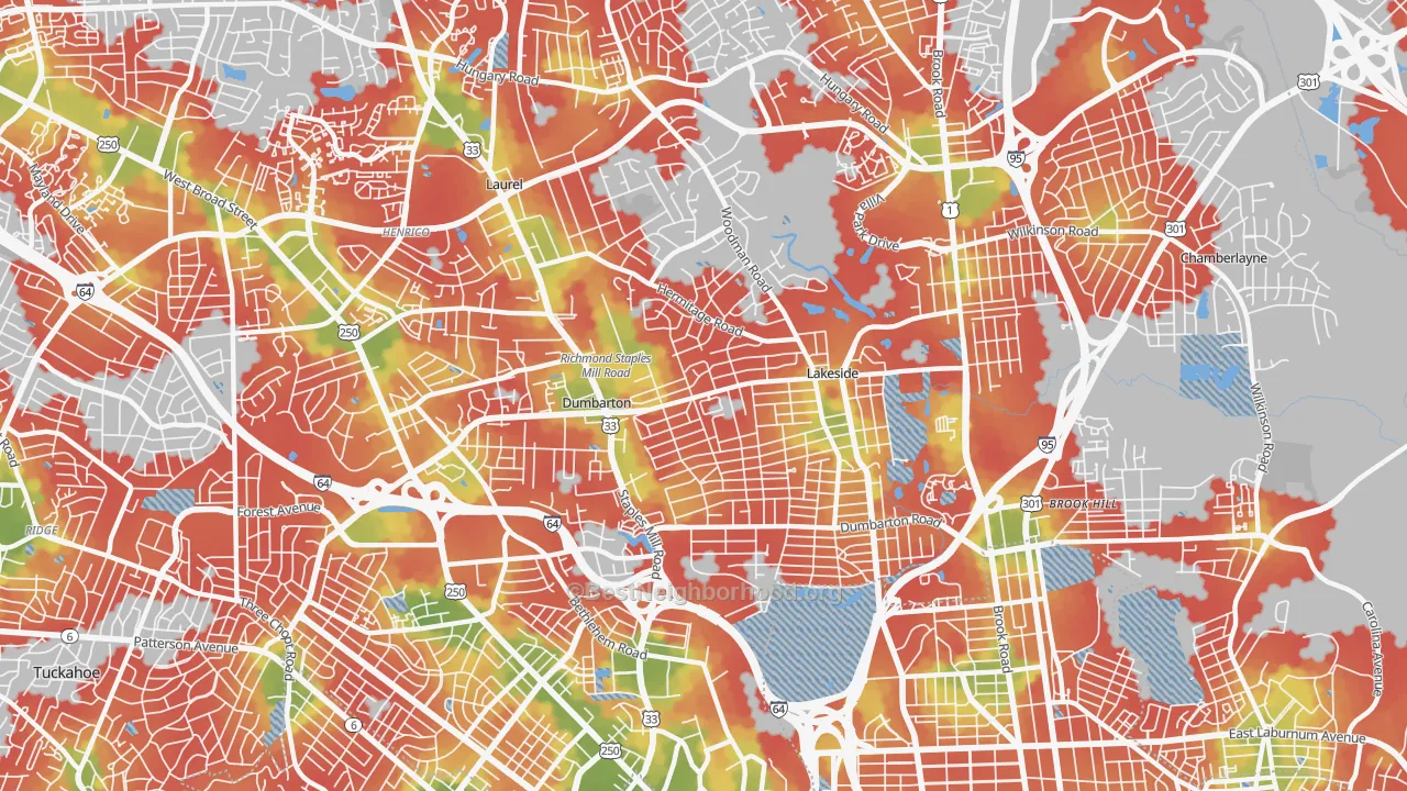 Walk Grade map of Lakeside, VA, walkable areas in green and car-dependent areas in red