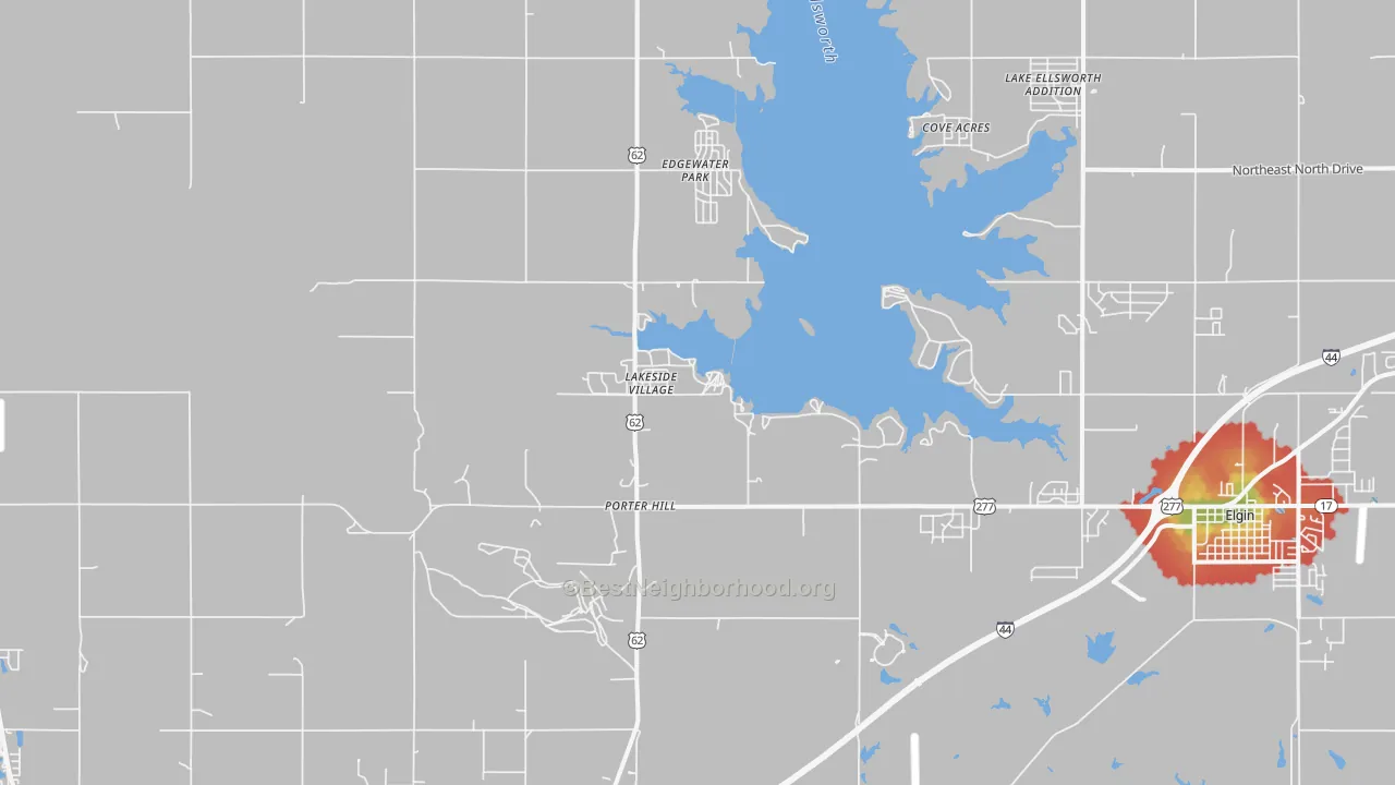 Walk Grade map of Lakeside Village, OK, walkable areas in green and car-dependent areas in red