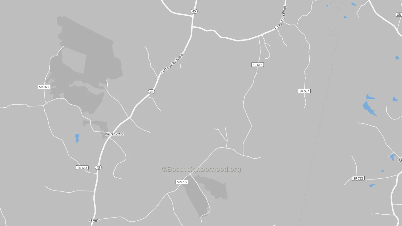 Walk Grade map of Lakeside Village, VA, walkable areas in green and car-dependent areas in red