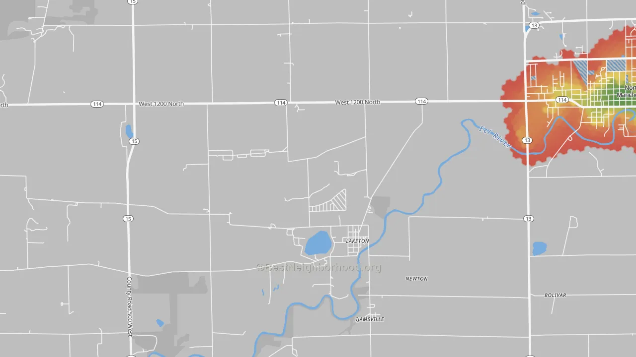 Walk Grade map of Laketon, IN, walkable areas in green and car-dependent areas in red