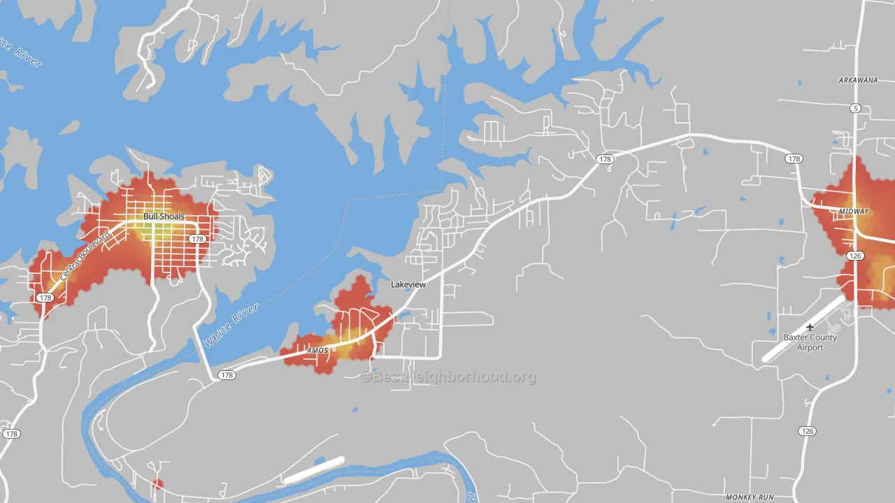 Walk Grade map of Lakeview, AR, walkable areas in green and car-dependent areas in red