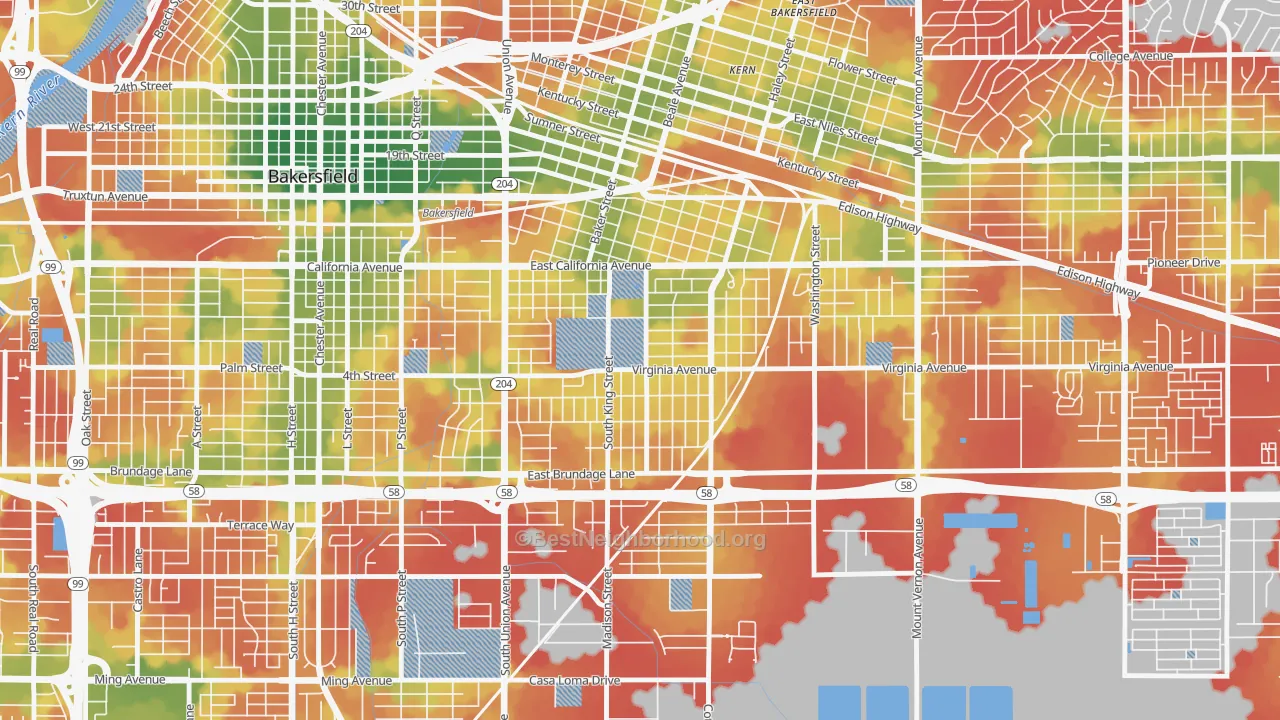 Walk Grade map of Lakeview-Bakersfield, Bakersfield, CA, walkable areas in green and car-dependent areas in red