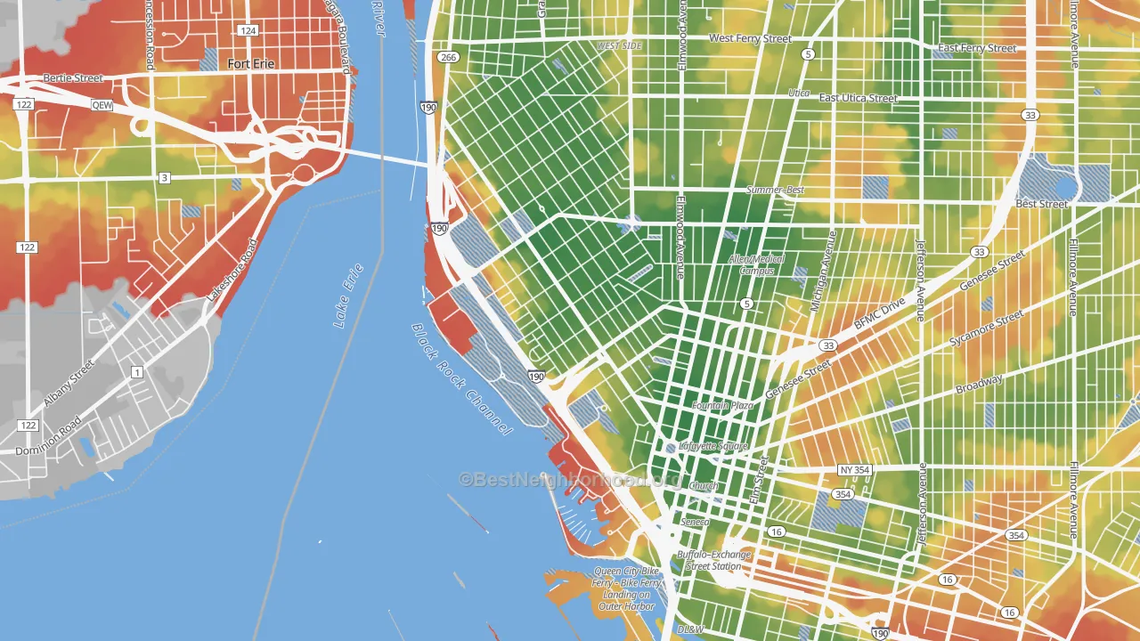 Walk Grade map of Lakeview, Buffalo, NY, walkable areas in green and car-dependent areas in red