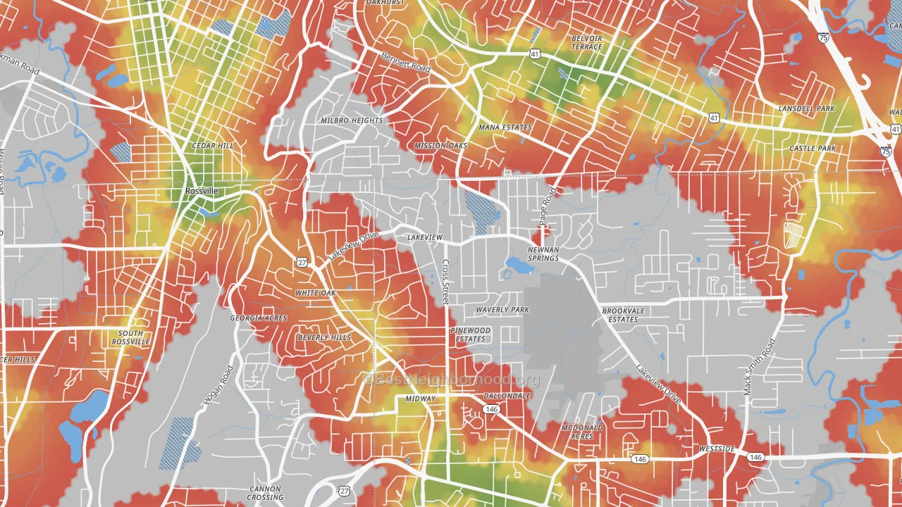 Walk Grade map of Lakeview, GA, walkable areas in green and car-dependent areas in red