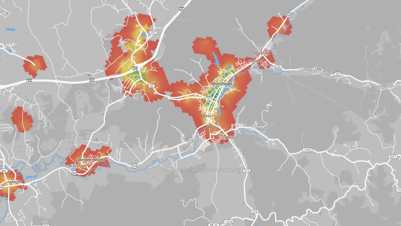 Walk Grade map of Lakeview Heights, KY, walkable areas in green and car-dependent areas in red