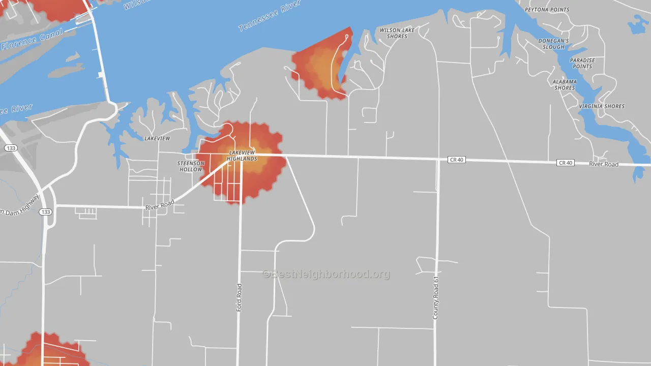 Walk Grade map of Lakeview Highlands, AL, walkable areas in green and car-dependent areas in red