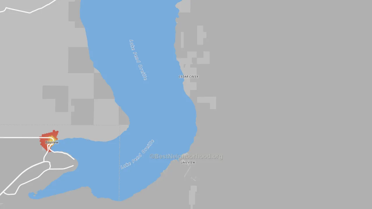 Walk Grade map of Lakeview, ID, walkable areas in green and car-dependent areas in red