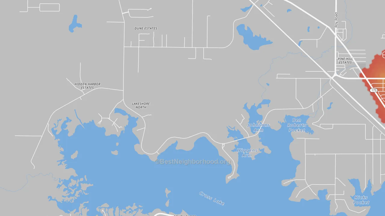 Walk Grade map of Lakeview, LA, walkable areas in green and car-dependent areas in red