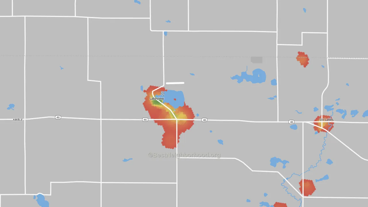 Walk Grade map of Lakeview, MI, walkable areas in green and car-dependent areas in red