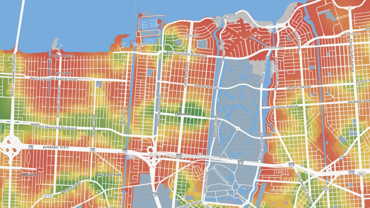 Walk Grade map of Lakeview, New Orleans, LA, walkable areas in green and car-dependent areas in red