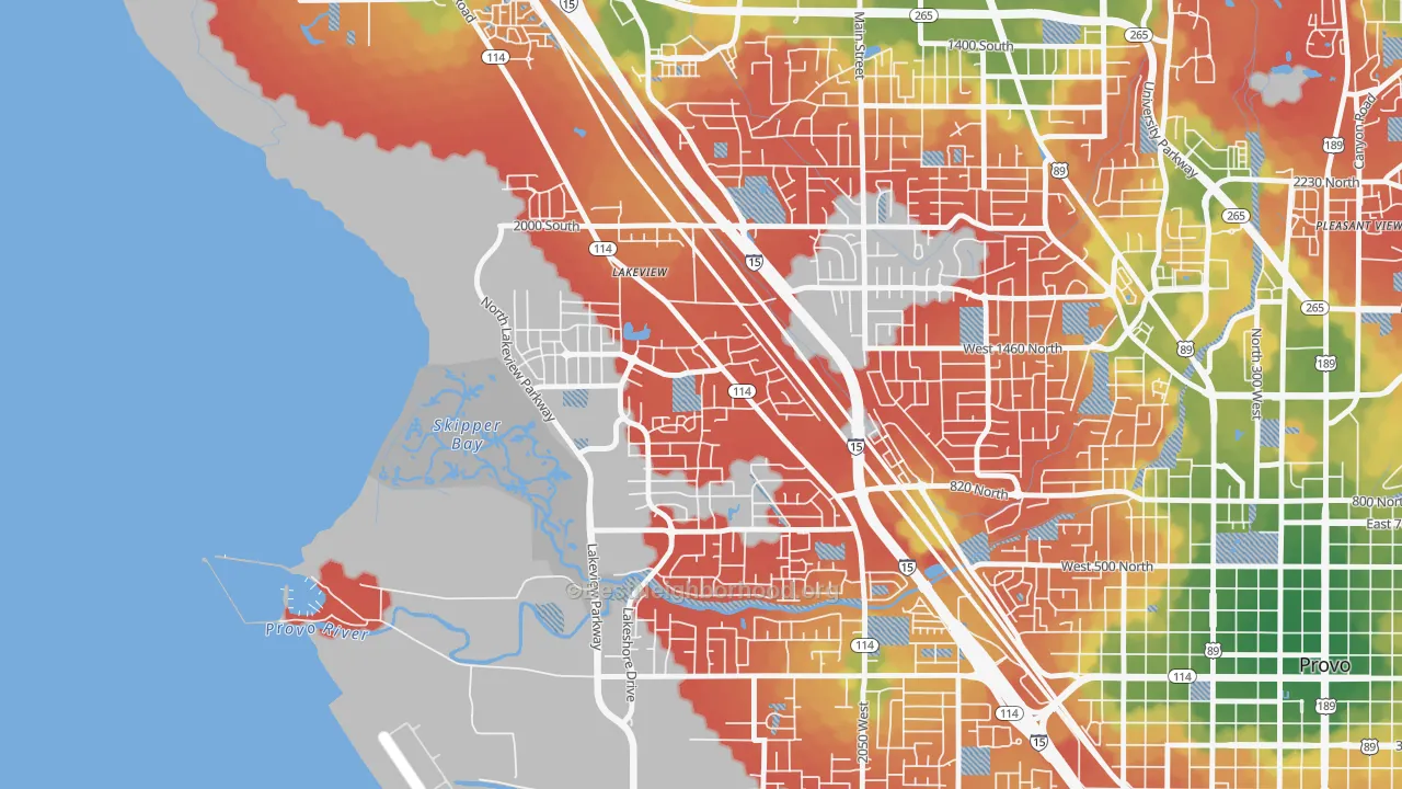 Walk Grade map of Lakeview North, Provo, UT, walkable areas in green and car-dependent areas in red